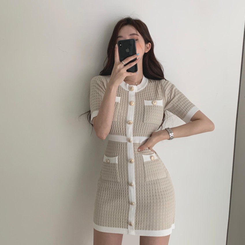 Đầm Dệt Kim Dáng Ôm Màu Tương Phản Kiểu Retro Châu Âu Cá Tính | BigBuy360 - bigbuy360.vn