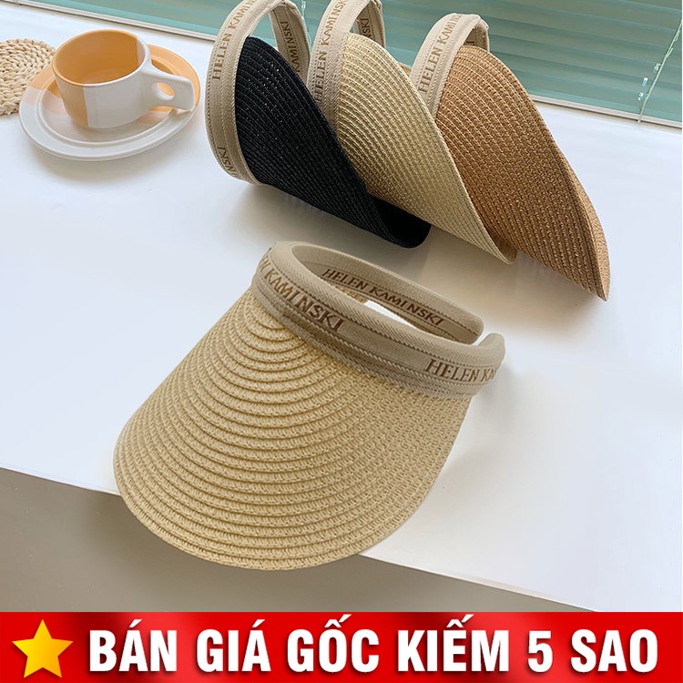 Mũ Cói Du Lịch Hở Chóp Đầu Phối Vòng Màu Kem Thêu Chữ P2160