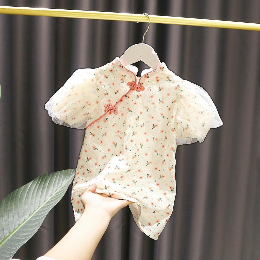 Sườn Xám Ngắn Tay In Hoa Thời Trang Mùa Hè Mới Dành Cho Bé Gái