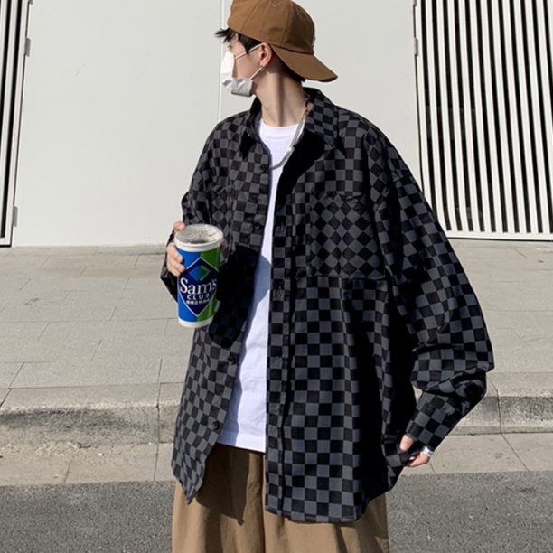 Áo khoác sơ mi tay dài kẻ ô bàn cờ Nhật Bản mới dành cho nam