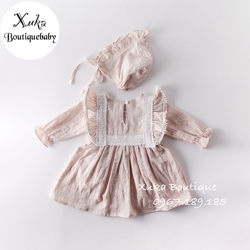 Bodysuit Dài Tay Giả Váy Kèm Mũ Tiểu Thư Cổ Ren Cánh Tiên Cao Cấp Bé Gái