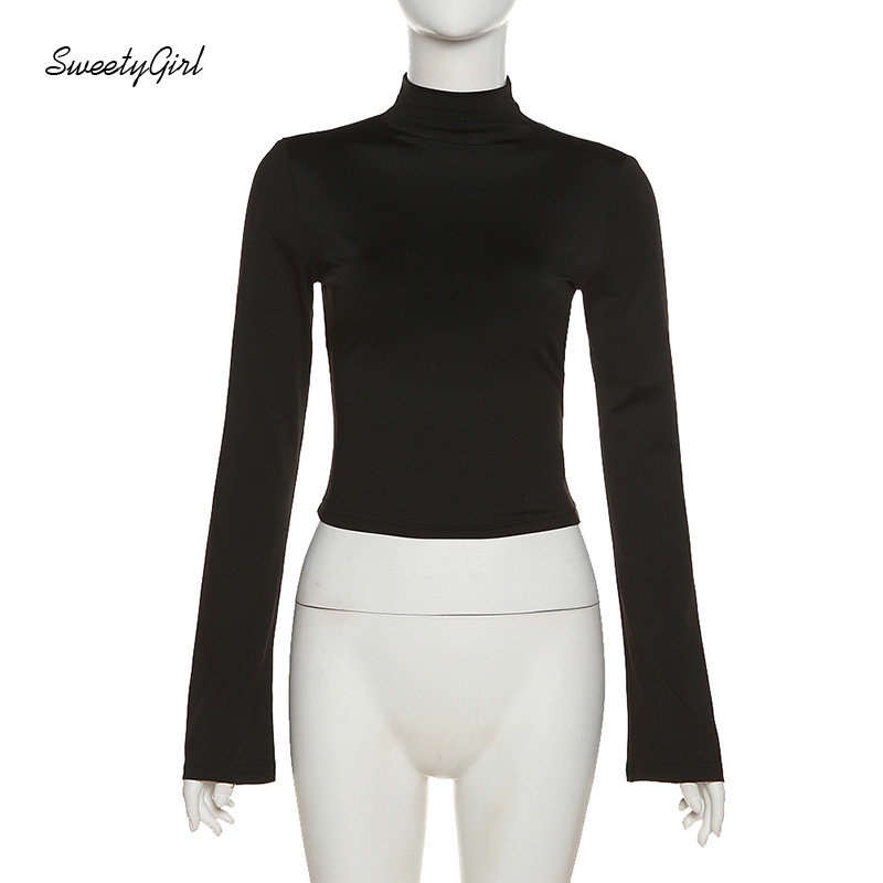 Áo Thun Tay Dài Cổ Lọ Màu Đen Trơn Ôm Dáng Thời Trang 2022 Quyến Rũ Cho Nữ