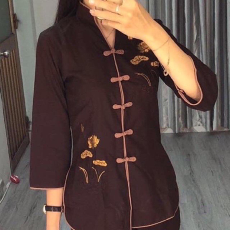 Đồ lam đi chùa( cổ tàu kate thiêu hoa sen