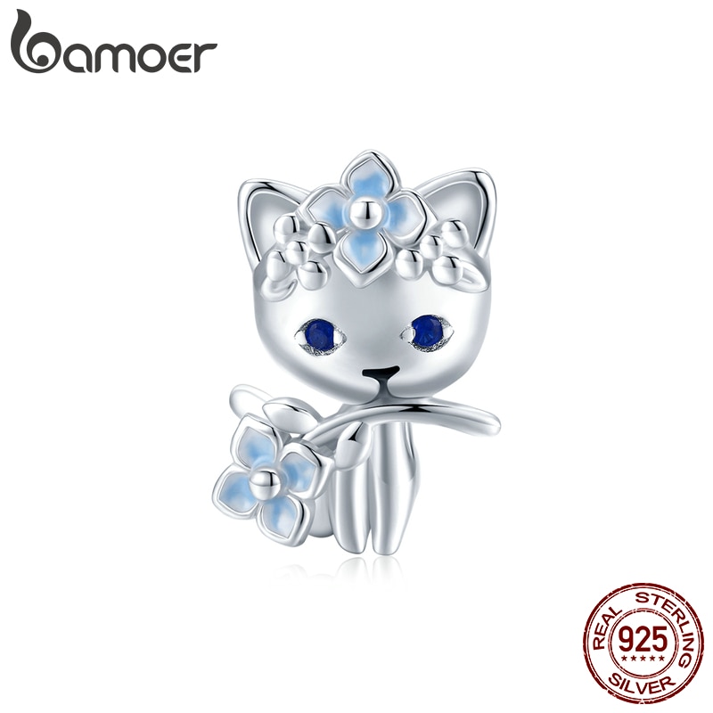 Hạt charm Bamoer BSC394 mạ bạc 925 hình mèo và cành hoa dễ thương trang trí vòng tay