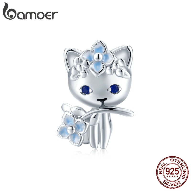 Hạt charm Bamoer BSC394 bạc 925 hình mèo và cành hoa dễ thương trang trí vòng tay