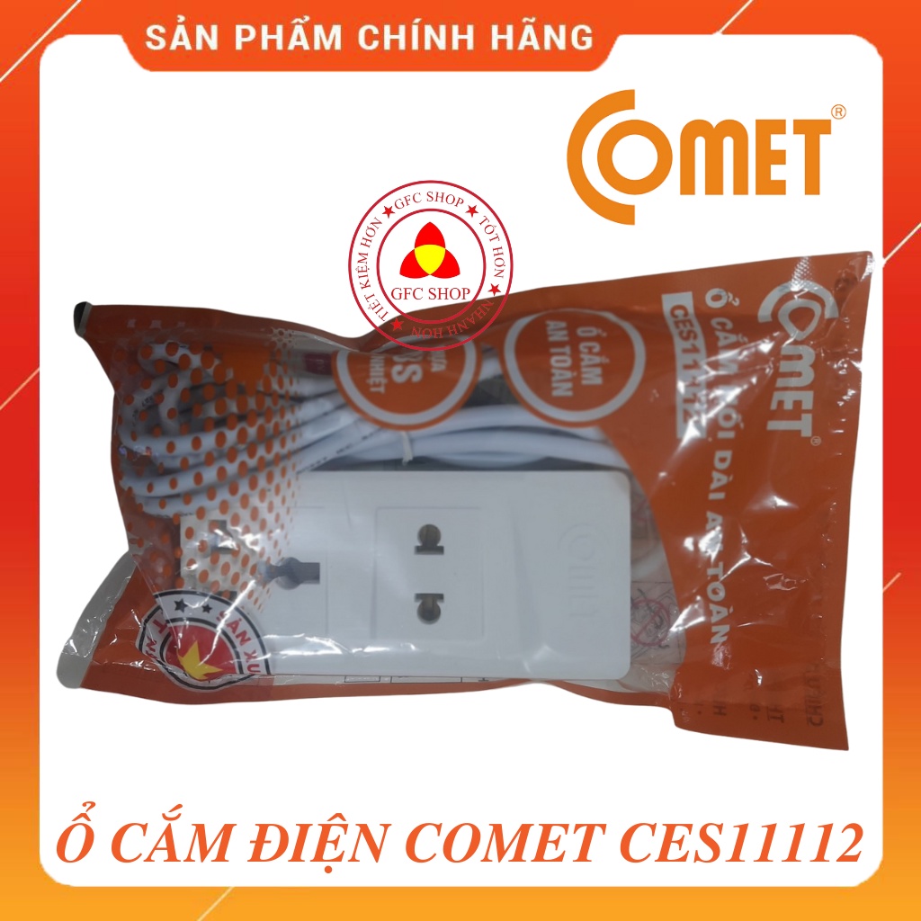 Ổ cắm điện nối dài Comet CES11112 dây dài 2 m , công suất 1800W, Cắm 2 Lỗ 2 Chạc Và 3 Chạc, An Toàn, Tiện Dụng