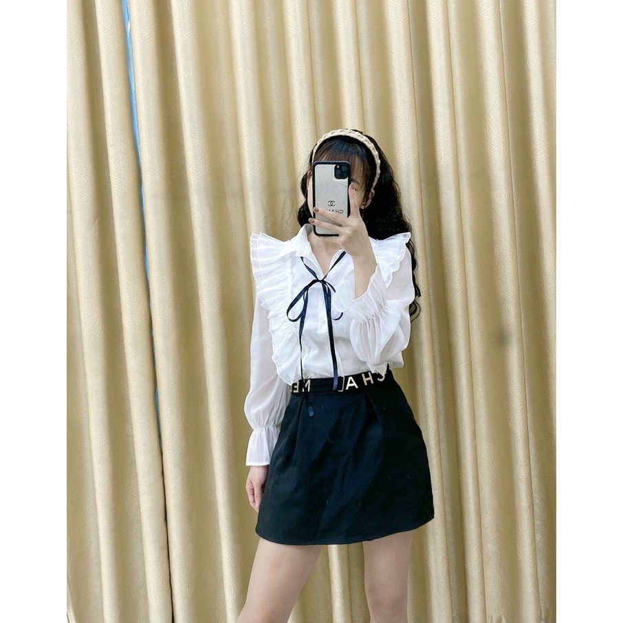 Áo sơ mi kiểu nữ cổ nơ bèo loe tay