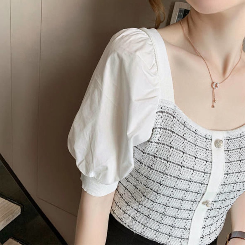 Áo Kiểu Tay Ngắn Phồng Phong Cách Hàn Quốc 175286 Áo Dệt Kim Tay Ngắn Cổ Vuông Phong Cách Phương Tây Dễ Phối Đồ Thời Trang