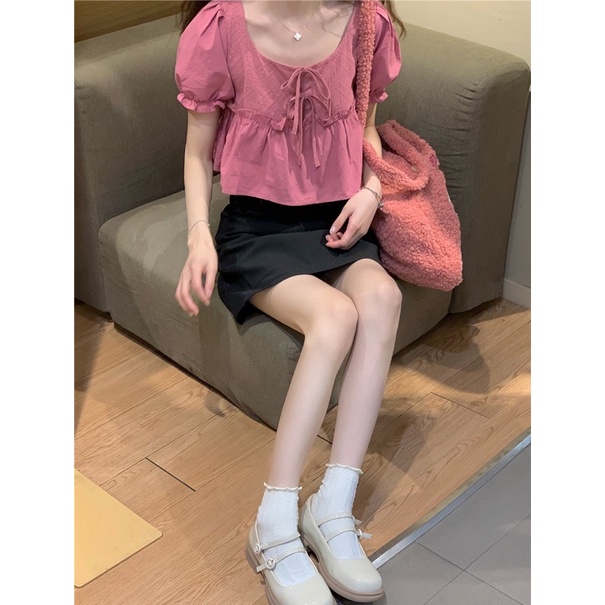 Áo crotop babydoll tay bồng thắt nơ hồng dễ thương Yannie