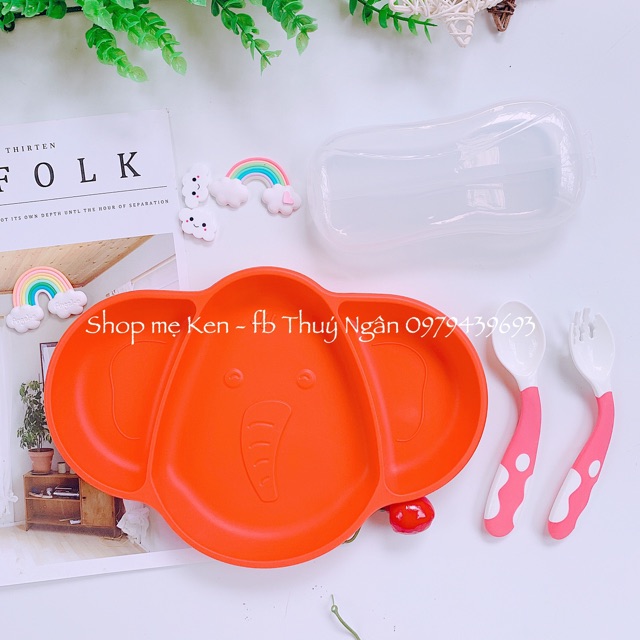 Khay ăn dặm silicon đế hút có nắp đậy hãng Kean hình con voi ko kèm thìa dĩa