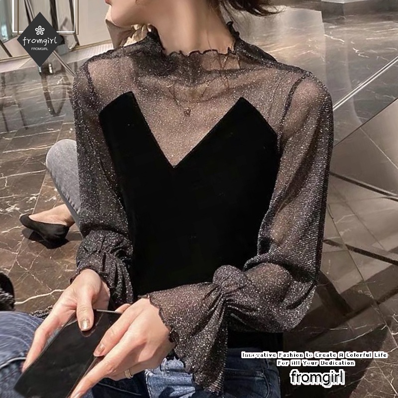 Áo nhung đen tay dài phối lưới thời trang quyến rũ cho nữ