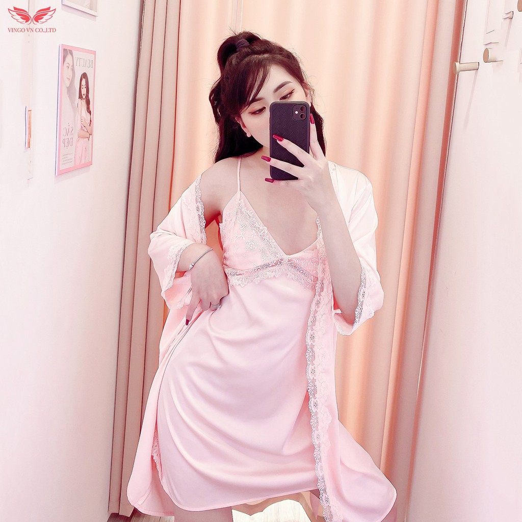 Set Áo Choàng Lụa Tay Lỡ Kèm Váy Ngủ VINGO Hai Dây Cao Cấp Phối Ren Gợi Cảm Sexy Có Lót Ngực M141 VNGO | BigBuy360 - bigbuy360.vn