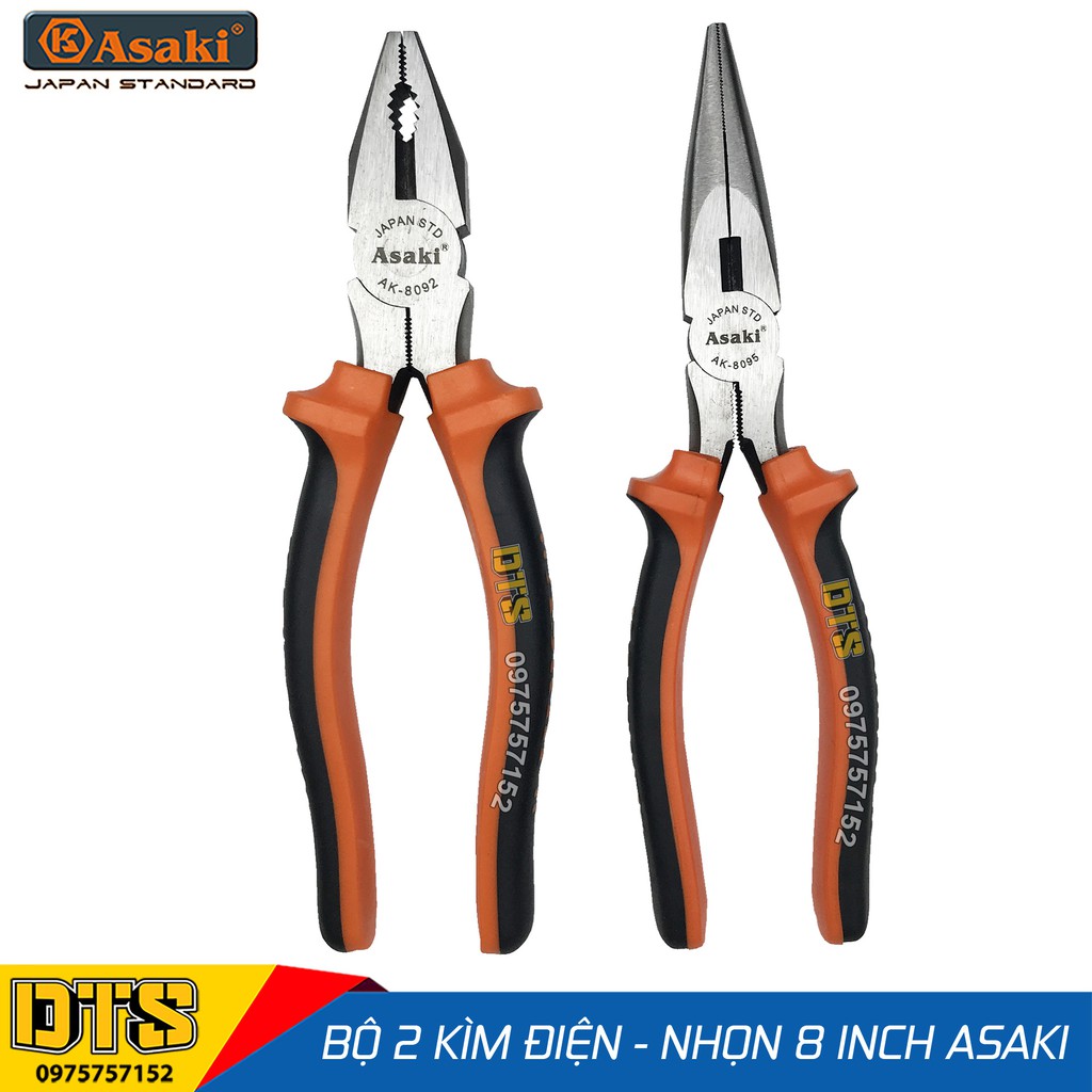 Bộ 2 kìm điện - kìm nhọn kiểu Mỹ Asaki A+cut Tech 8 inch/ 200mm, thép High Carbon độ cứng cao