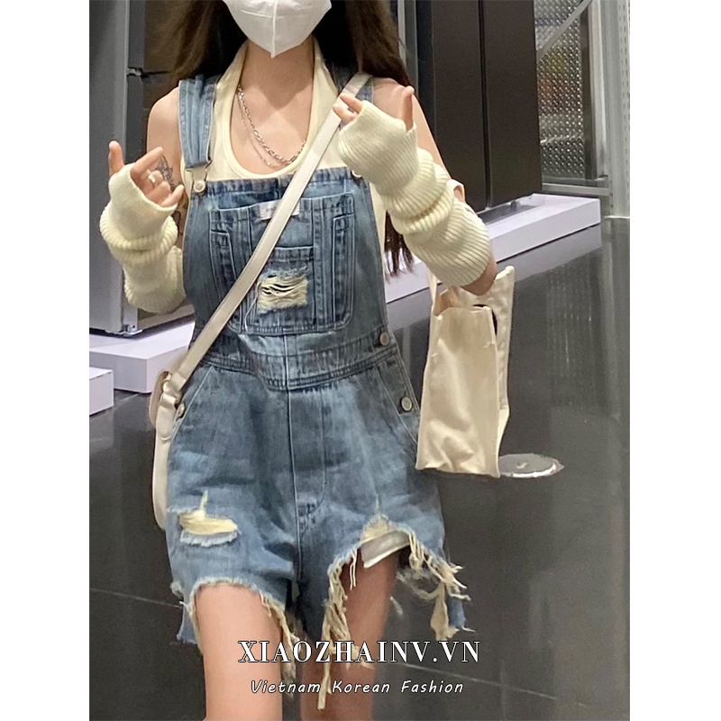 Áo liền quần XIAOZHAINV denim ngắn phối túi phong cách vintage thời trang mùa hè cho nữ
