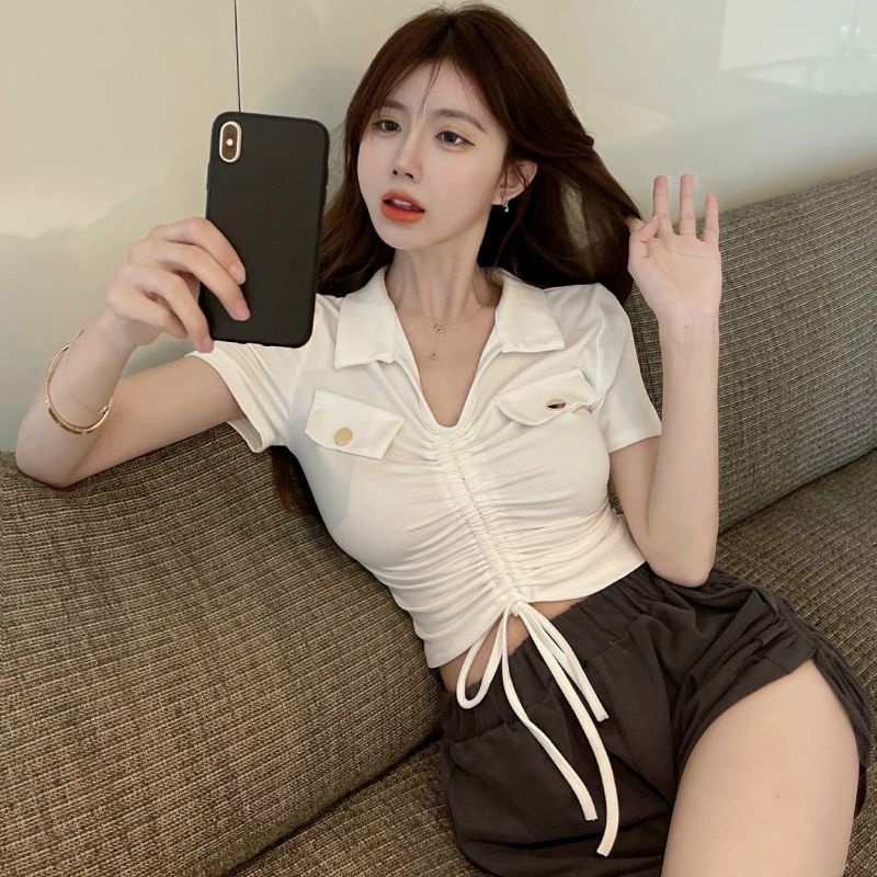 Áo thun cổ bẻ rút dây giữa phối kiểu 2 nắp A15 tay ngắn