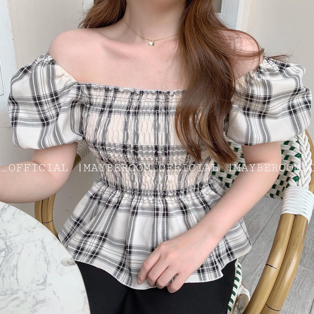 Áo sơ mi kẻ thiết kế bo chun Linda Mayberoom