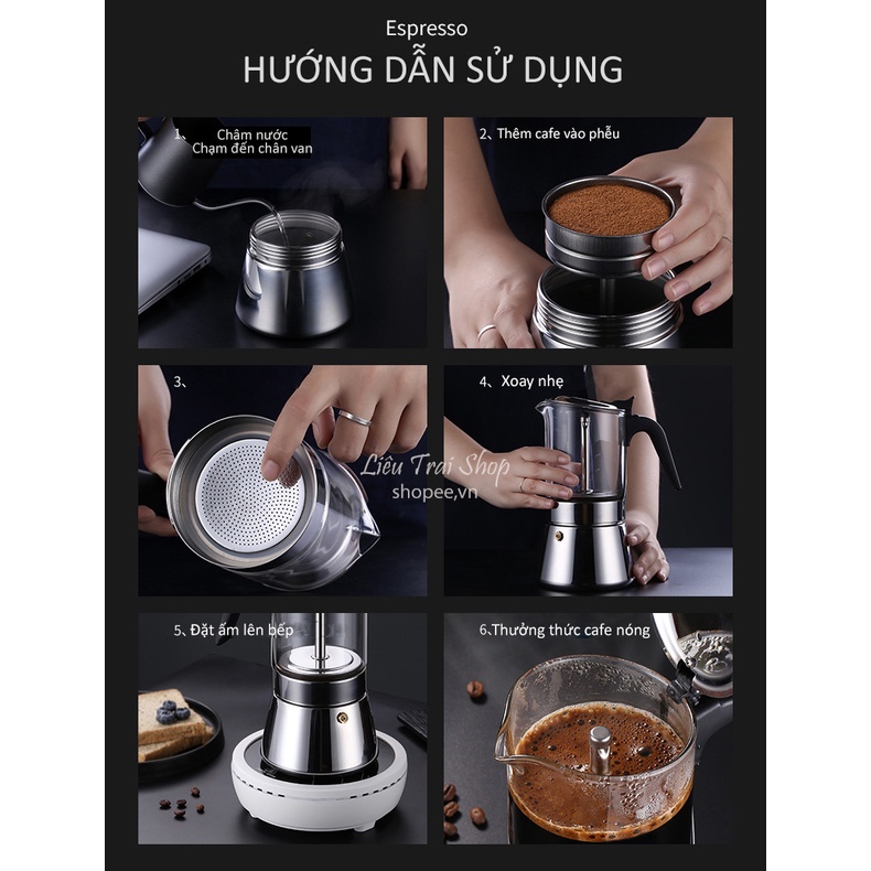 Ấm Moka pot pha cafe thủy tinh đun bếp từ cao cấp inox 304 pha cà phê espresso phong cách Ý