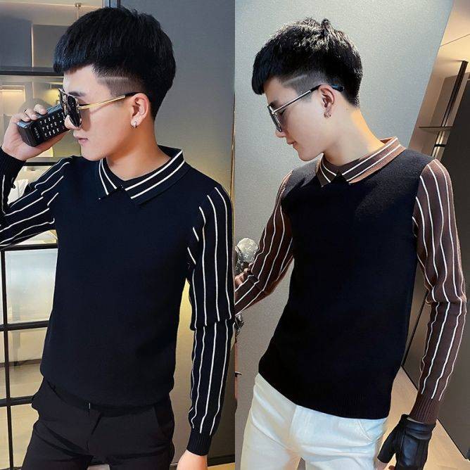 Áo Sweater Giả Hai Lớp Cổ Sơ Mi Họa Tiết Kẻ Sọc Thời Trang Mùa Đông Phong Cách Hàn Quốc Cho Nam