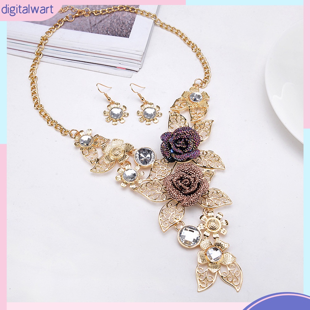 Bộ Vòng cổ + Bông Tai Hình Hoa Lá Có Đính Kim Cương Giả Cho Nữ