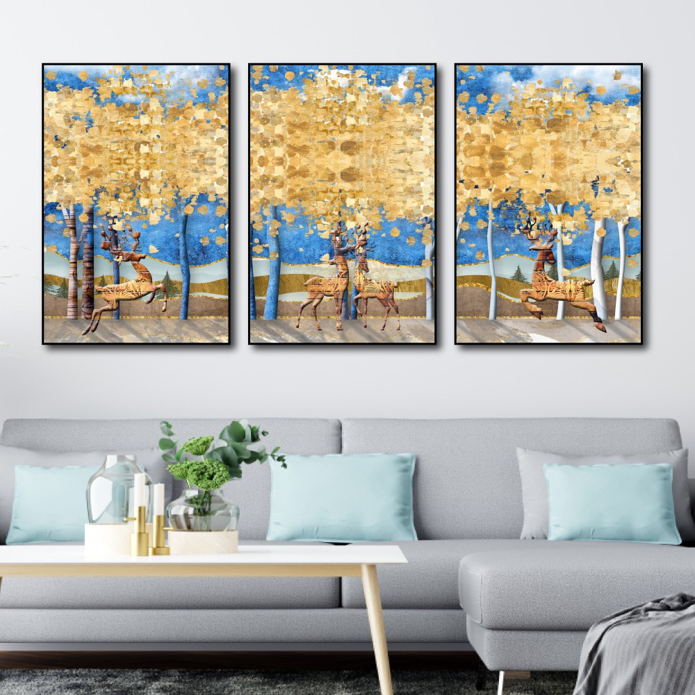 Tranh treo tường canvas hươu 3D nghệ thuật decor trang trí phòng khách phòng ngủ có khung cao cấp bộ 3 bức khổ lớn 40x60