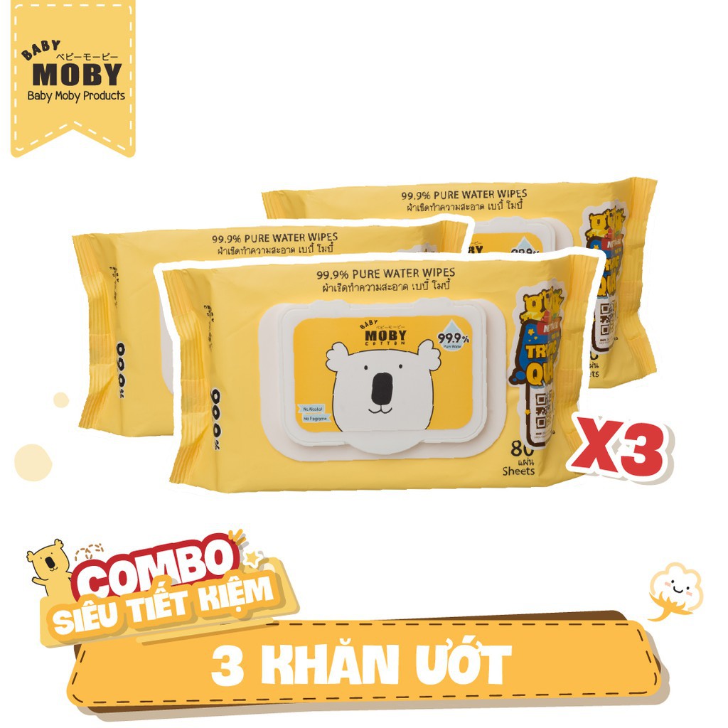 [Combo tiết kiệm] 03 Gói khăn ướt Moby 80 tờ/gói