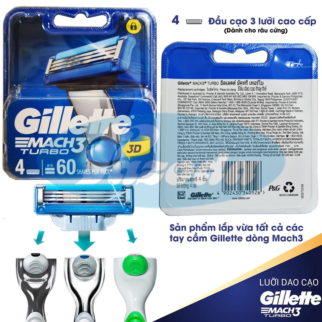 Hộp 4 lưỡi dao cạo râu Gillette Mach 3 turbo 3D (đầu cạo 3 lưỡi kép)