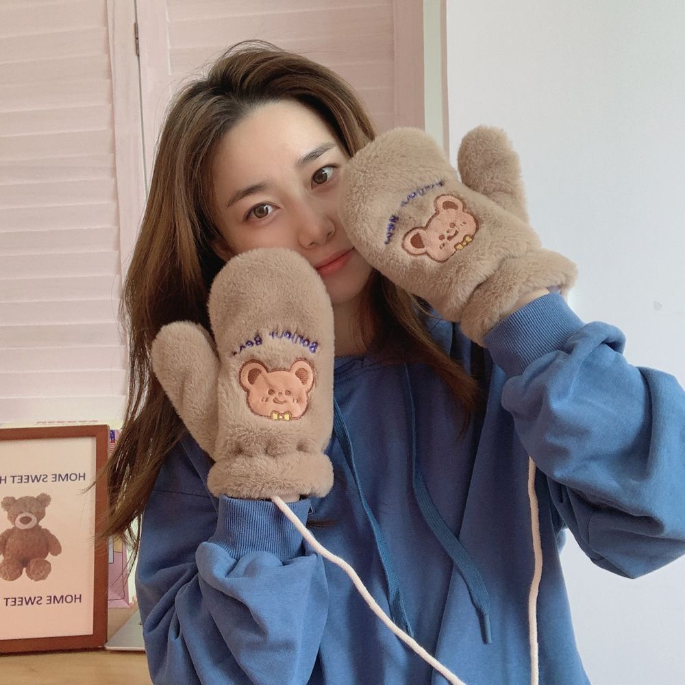 Găng tay giữ ấm mùa đông hình thỏ/gấu hoạt hình đáng yêu cho nữ