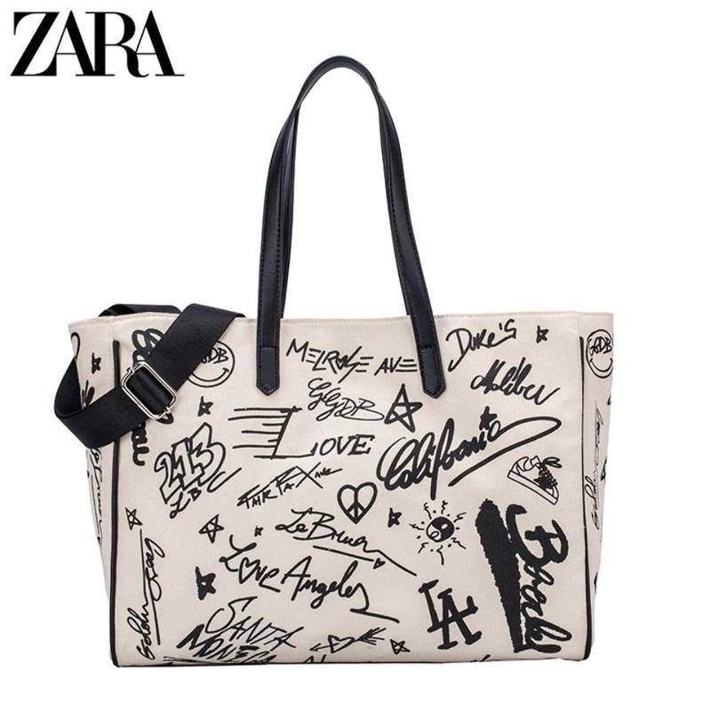 ZARA Túi xách canvas sức chứa lớn in họa tiết graffiti thời trang cho nữ