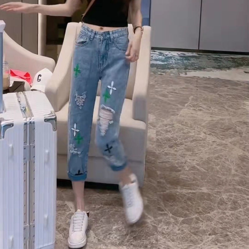 Net red cross pattern ripped jeans women's new summer large size small tall waist thin straight tube daddy pants