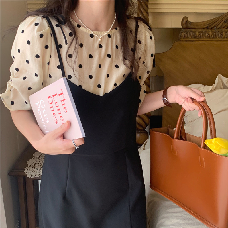 Đầm Ngắn Tay Giả Hai Lớp Trơn Màu Cổ Điển Dành Cho Nữ 43748