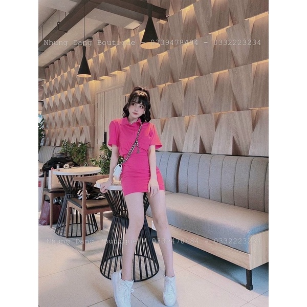 .Set ôm body áo thun polo có cổ +chân váy ngắn đen hồng cánh sen thời trang teen hot girl năng động thể thao dễ thương M