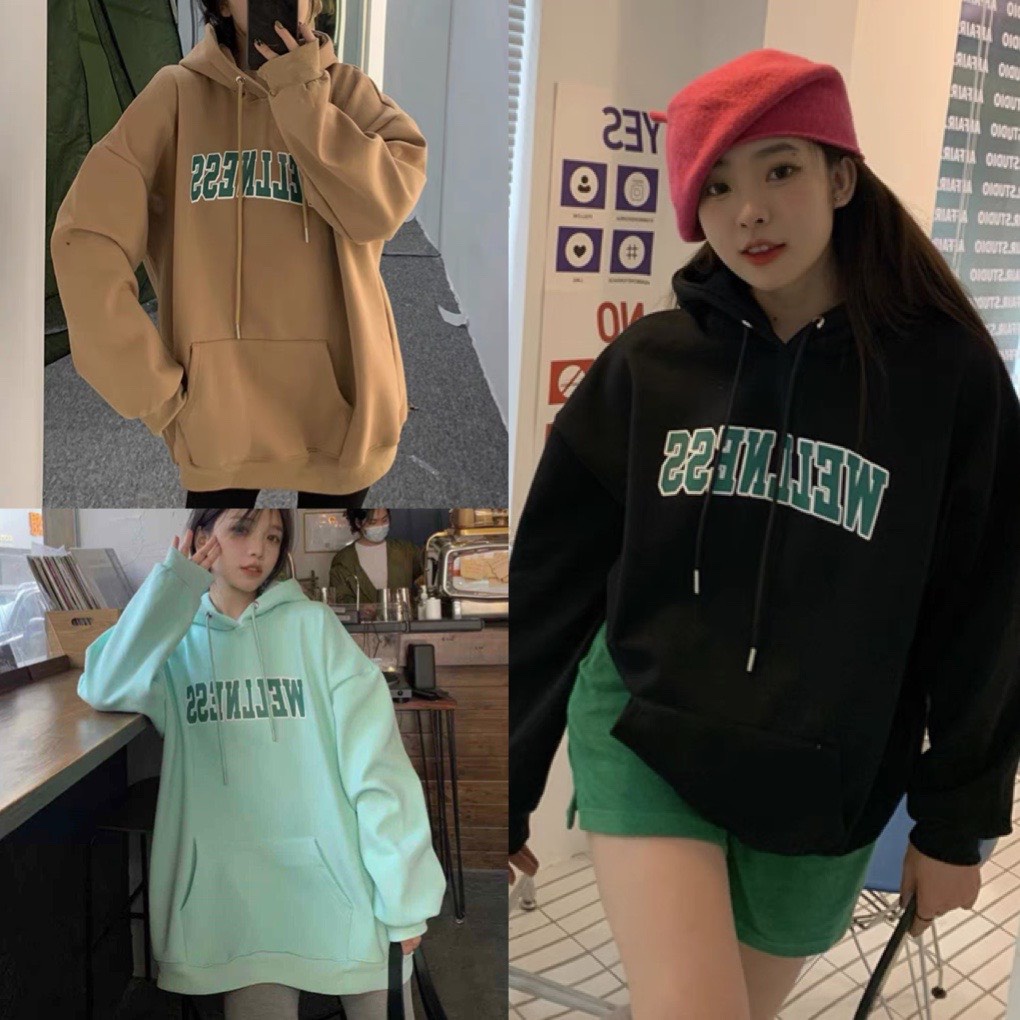 Áo hoodie nỉ in chữ xanh lá form rộng phong cách ulzzang, áo sweater có mũ dài tay bồng nam nữ UNISEX màu đen, xanh, nâu