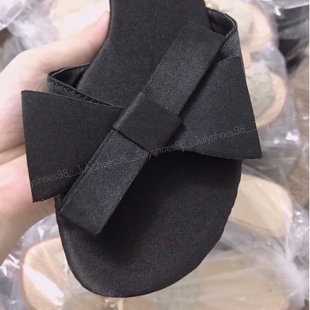 Dép Nữ Dép Lê Nữ Quai Ngang Nơ Lụa Đen Đế Bệt Mũi Tròn Sang Chảnh