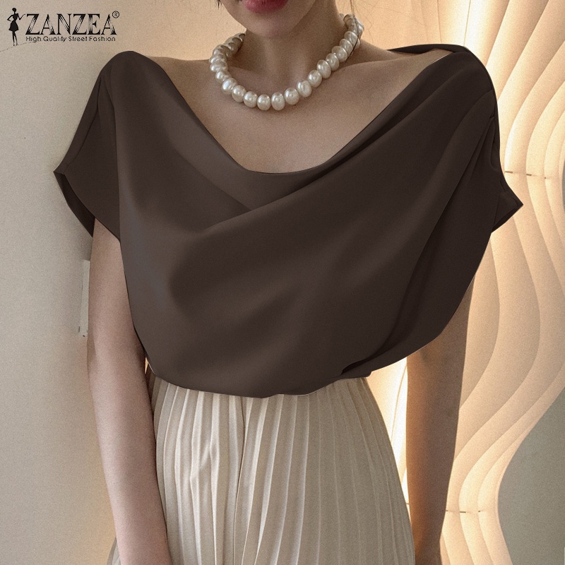 Áo kiểu ZANZEA xếp ly vải satin mỏng thời trang thanh lịch cho nữ