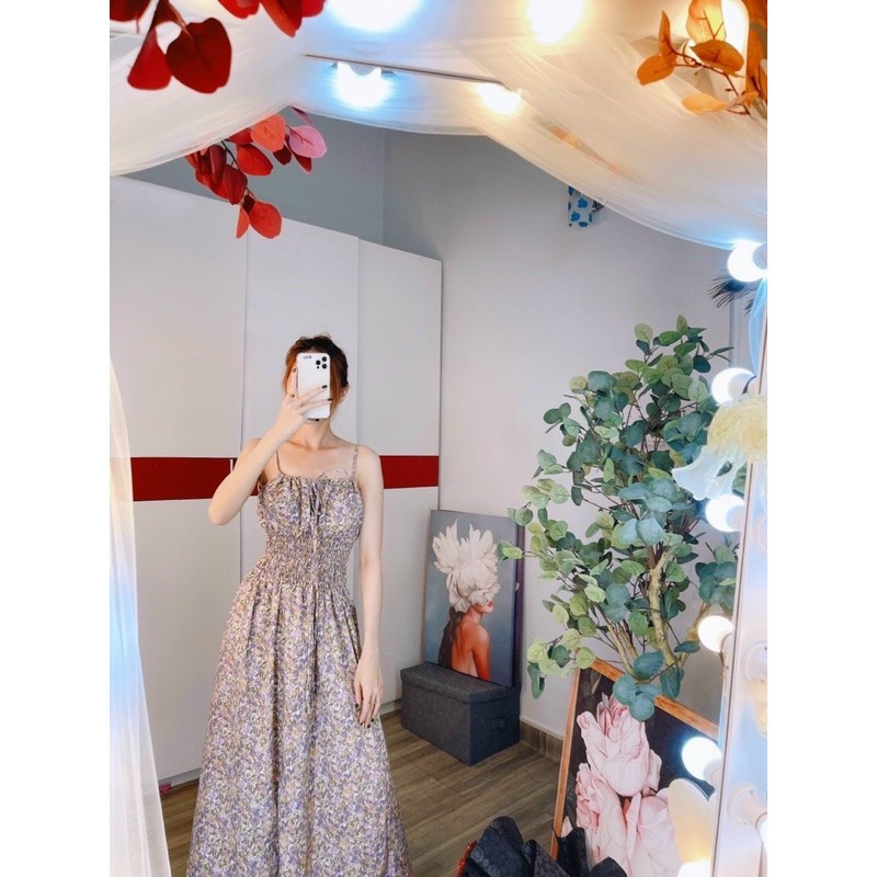 Đầm maxi hai dây cột nơ bo eo hoa nhí siêu dễ thương - hình thật
