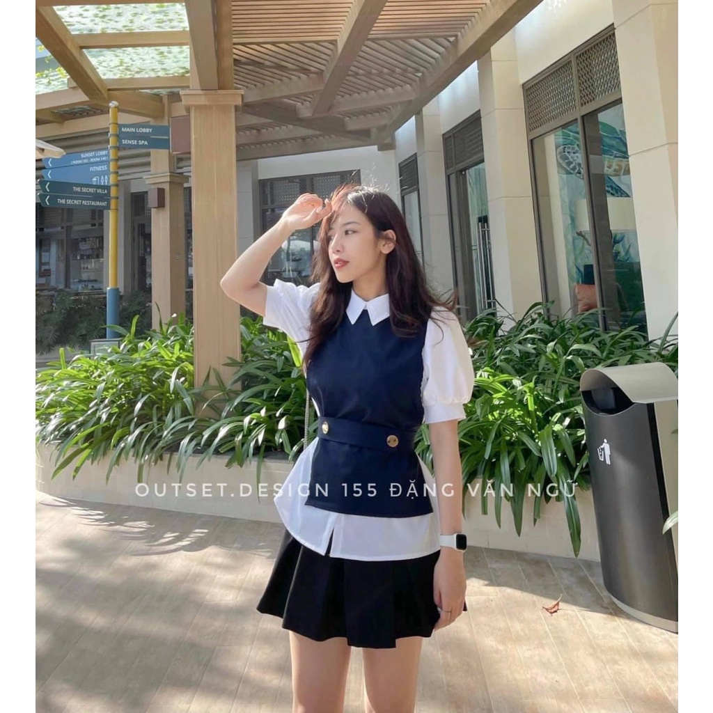 [Mã FAMARAL1 giảm 10K đơn 50K] ÁO SƠ MI CỔ ĐỨC PHỐI ĐAI EO CÚC ĐỒNG