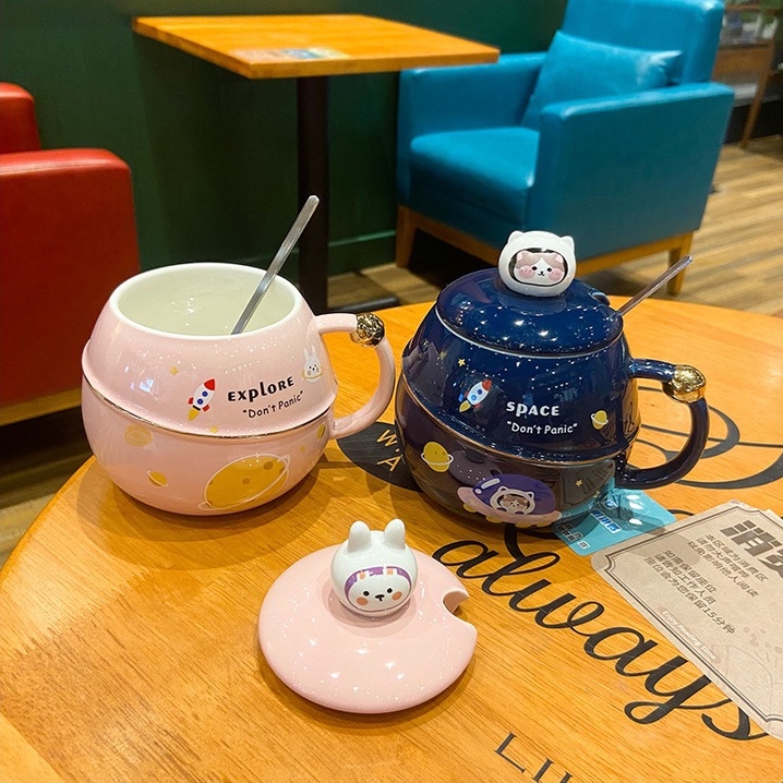 [Hàng mới về] Ly sứ tròn Mèo phi hành gia kèm Nắp và thìa - Cốc mèo phi hành gia uống nước