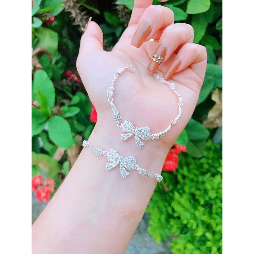 Lắc tay bạc nữ DaLiA Jewelry hình nơ bản to bền chắc, nạm đá tinh tế sang trọng bạc S99