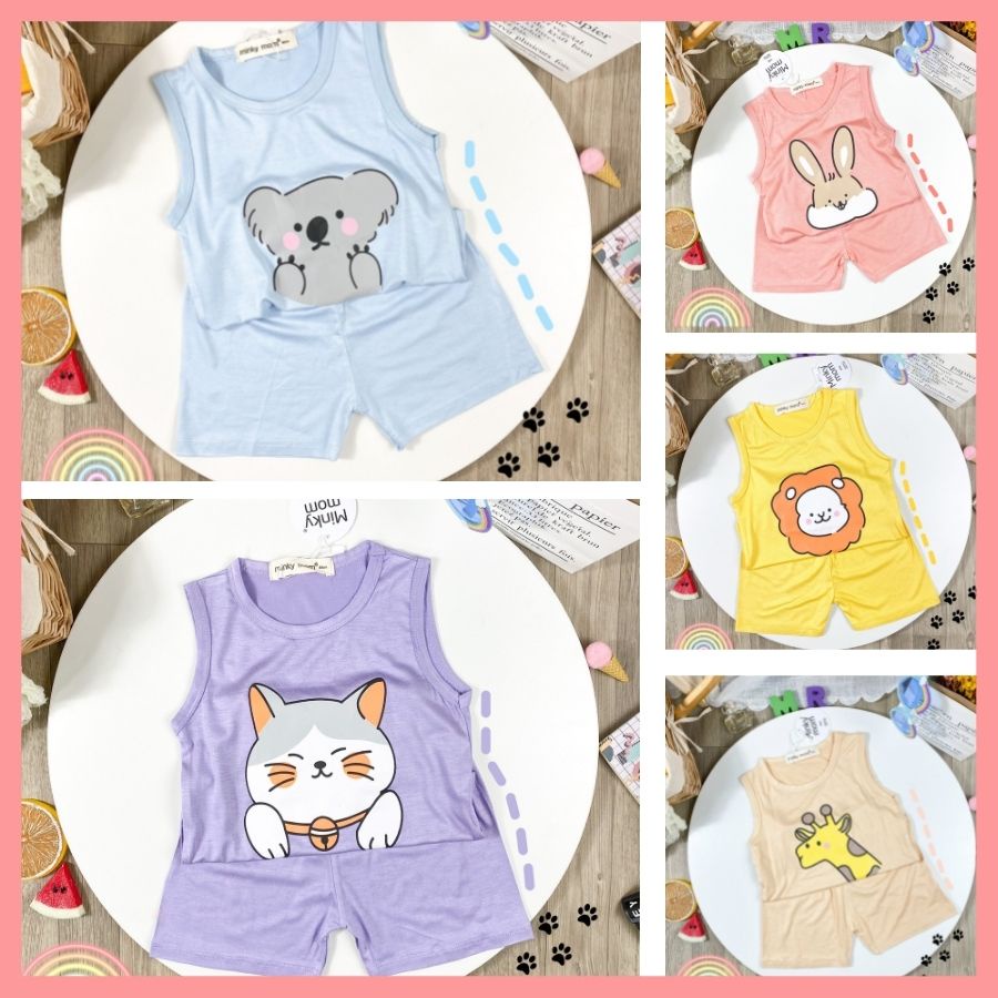 Bộ Thun Lạnh Cộc Tay Cho Bé Trai Bé Gái 8-19kg -BL-IN13 In Động Vật Dễ Thương Chất Vải Thoáng Mát