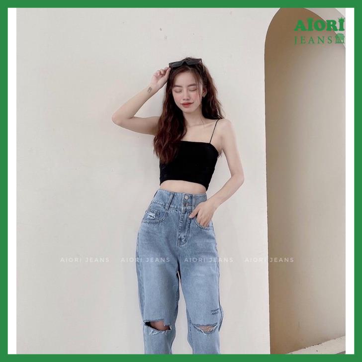 Quần Jeans Nữ, Quần Baggy Lưng Cao 2 Nút Bò Rách Gối Phong Cách Thời Trang Jeans Cotton Thoáng Mát, Mềm Mịn_ Mã 51