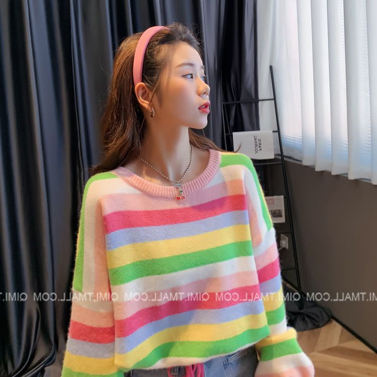 Áo Sweater Dệt Kim Mỏng Dáng Rộng Họa Tiết Kẻ Sọc Thời Trang Xuân Thu Phong Cách Nhật Bản Mới