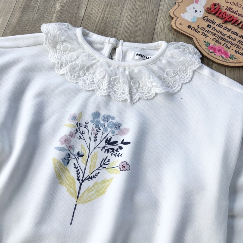 Áo nỉ bé gái xuất Hàn màu trắng cổ ren