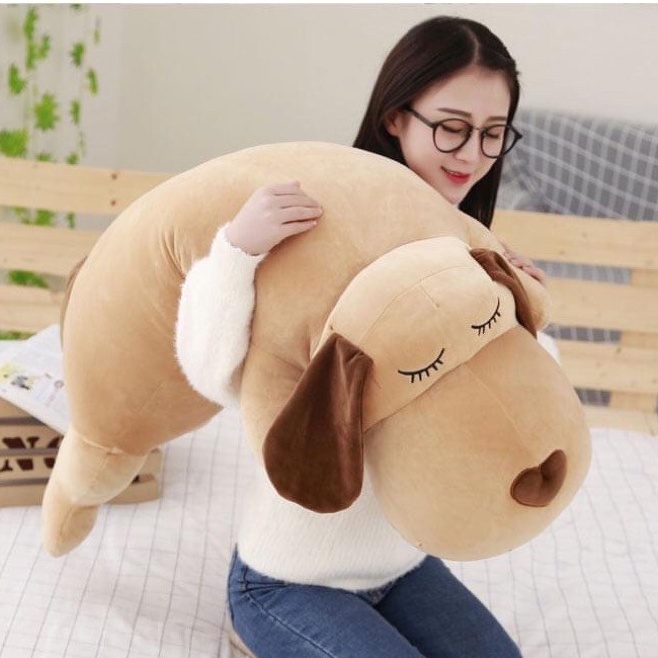 Gấu Bông Chó Ngủ Mũi Tim Tai Dài, Gối Ôm Hình Thú Nhồi Bông Vải Co Giãn 4 Chiều Mềm Size 90cm 1m2