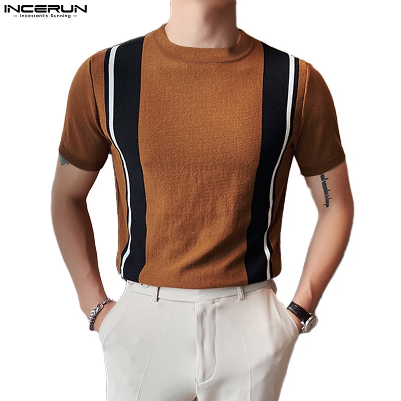 Áo thun INCERUN tay ngắn cổ tròn họa tiết kẻ sọc thời trang cho nam