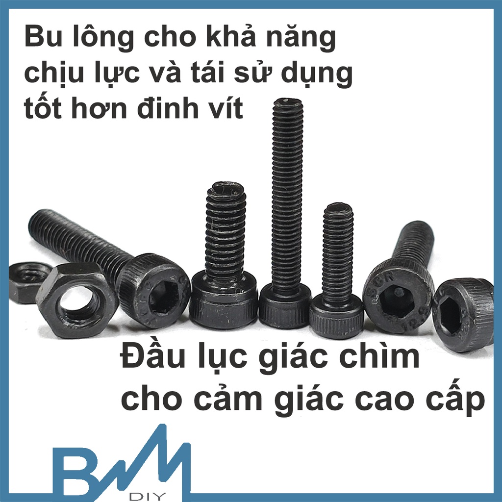 Bu lông lục giác chìm sơn đen tĩnh điện - đai ốc ecu tán - ốc vít lỗ taro M3 M4