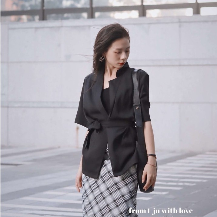 Blazer nữ cộc tay 2 cúc 1 lớp có đai, Áo khoác vest blazer 2 cúc 1 lớp kèm belt màu trơn ulzzang hàn quốc (Blazer hạ thu