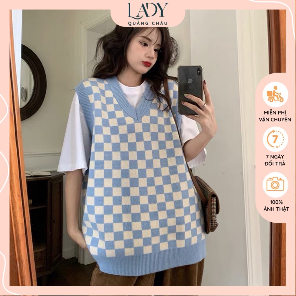 Áo gile nam nữ unisex LADY kiểu họa tiết kẻ caro 2 màu trắng xanh basic phong cách ulzzang hàn quốc