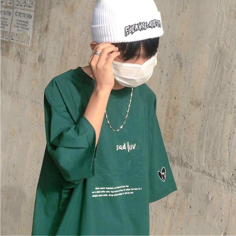 Áo Thun Xanh Rêu Sadluv Áo Thun Tay Lỡ Form Rộng Unisex 38-65kg Nam Nữ Phong Cách Ullzang