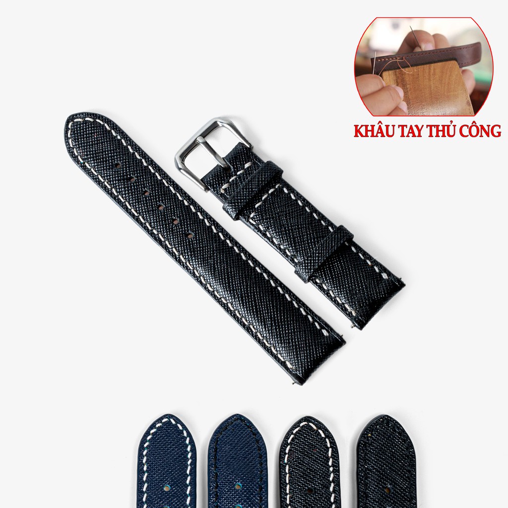 Dây đồng hồ da saffiano cao cấp-khâu tay thủ công D112 size 18mm, 20mm, 22mm, 24mm-Bụi leather
