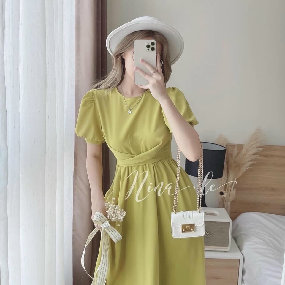 Đầm tay ngắn cổ tròn phong cách tiểu thư, đầm xòe cột eo tay búp màu sắc dễ thương